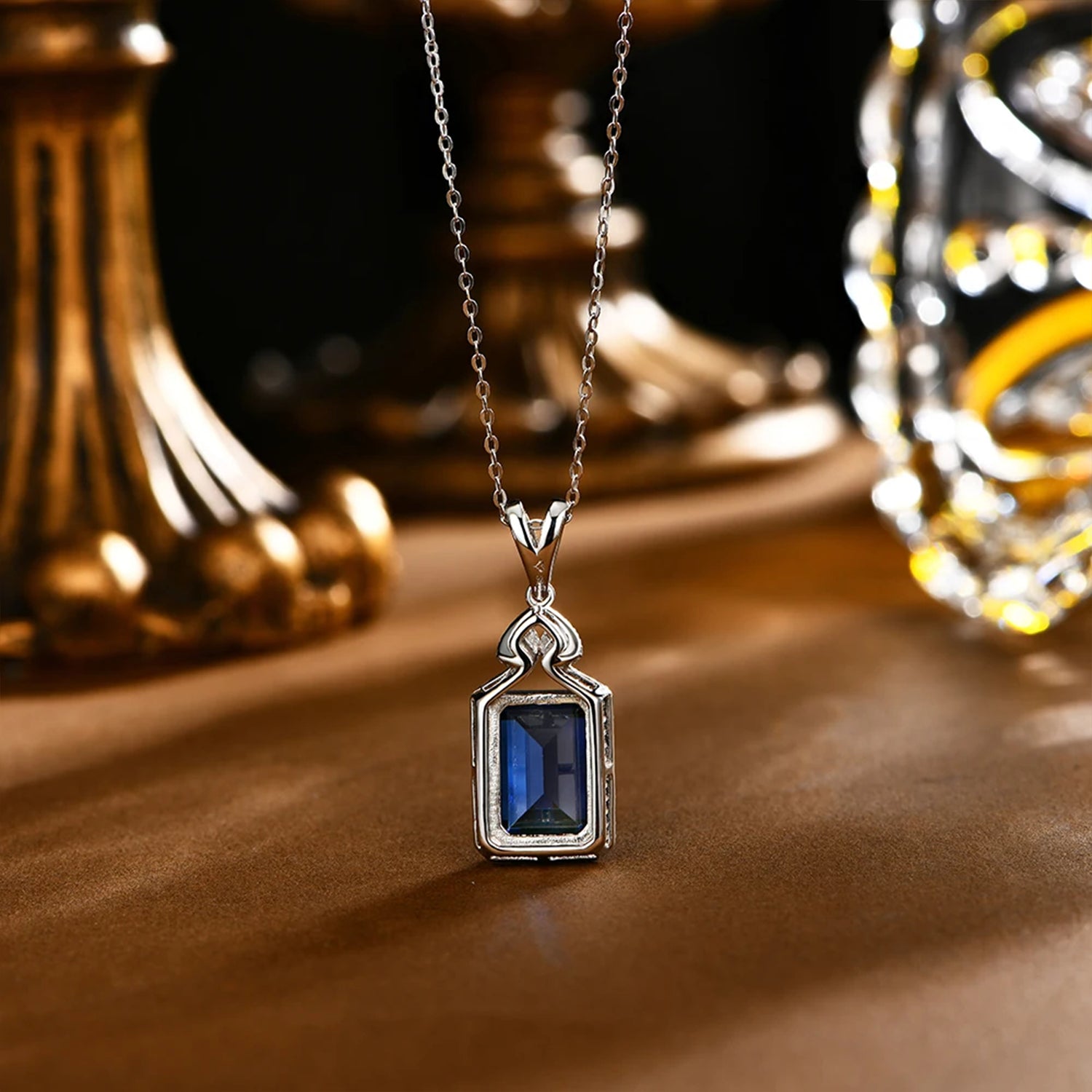 Asscher Cut Blue Sapphire Pendant Necklace